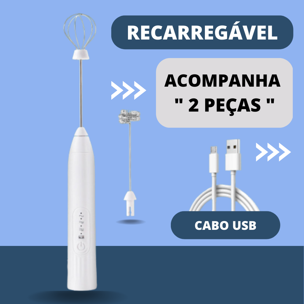 Batedor Elétrico Portátil: Cappuccino/ Leite/ Ovo - "3x Velocidade"