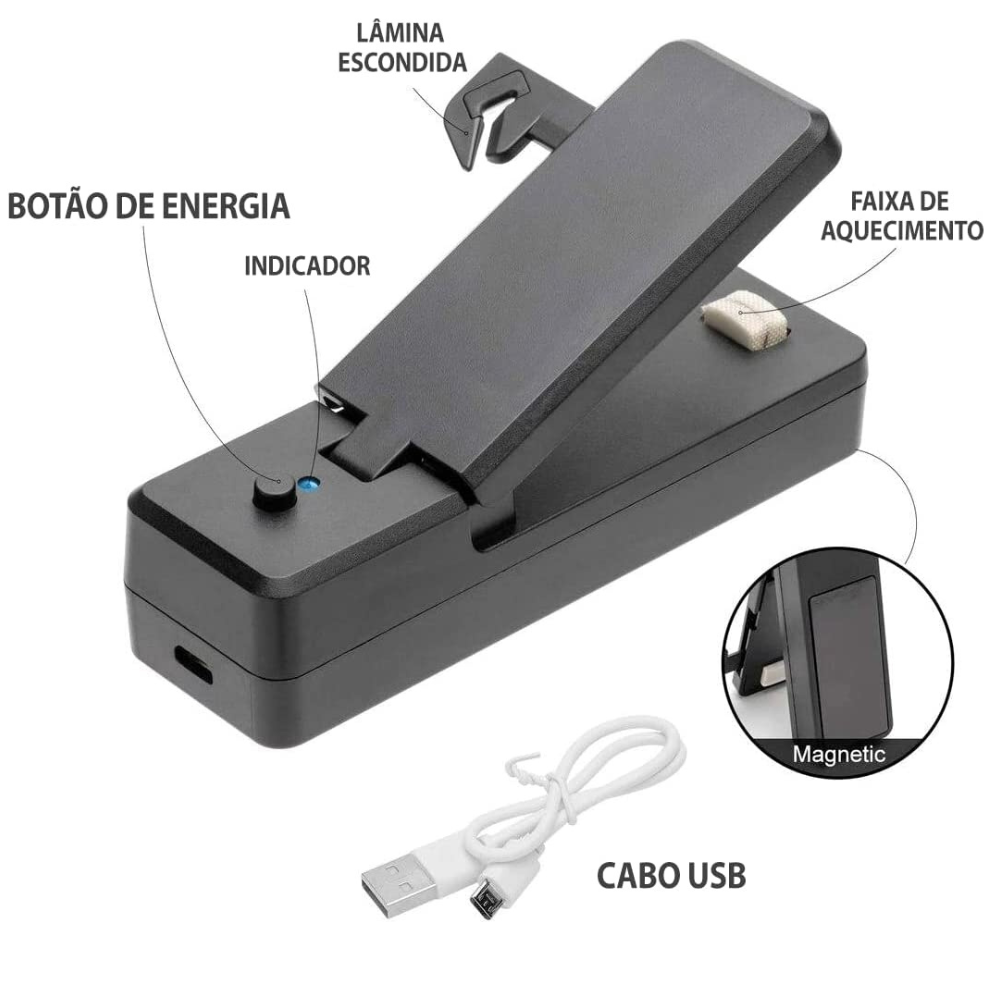 Mini Selador De Saco Plástico - Portátil/ Recarregável e Posterior Magnetico